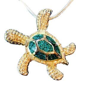 Blue Green Opal Inlay Sea Turtle Pendant 925 Sterling Silver 22" Necklace Beach